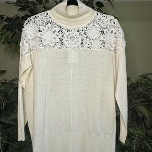 Ivory Pullover Tunic Sweater with Lace Detail